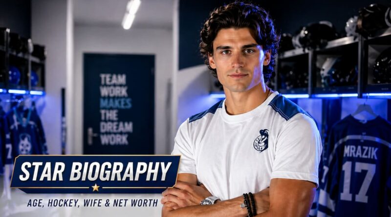 Michal Mrazik biography featured image showing the hockey player in a locker room